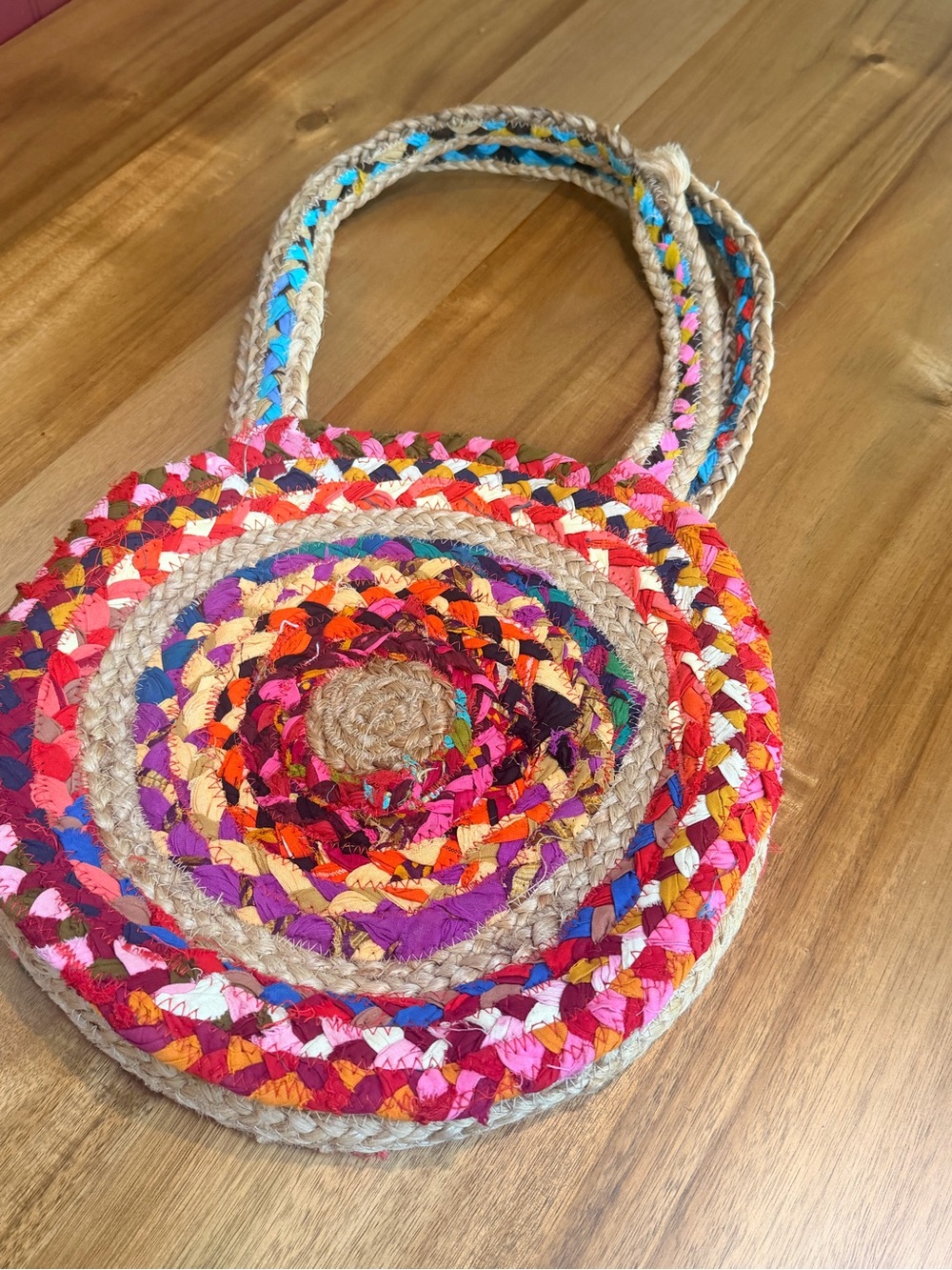 Boho Round Braided Jute Tote Bag Multicolor Circular Rag Rug Fabric
Shoulder Pur